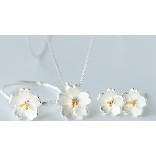 New Fashion 925 Silver Cherry Blossom Jewelry Set Simple Peach Blossom Stud Earrings Necklace Adjustable Ring Bracelet for Women