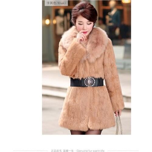 New Womens Real genuine natural rabbit fur coat with fox fur collar lady fashion fur jacket outwear warm winter