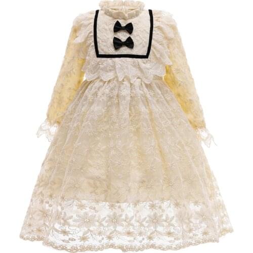 Little Girl’s Lolita Style Long Sleeve Dress Fashion Solid Color Lace Round Neck A-line Princess Dress Baptism Beige 0-6Years