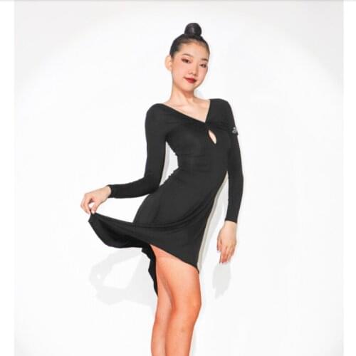Autumn Fashion Women Black Latin Dance Dress V-neck Adult Ballroom Practice Dancewear Irregular Sheth Dress for Stage