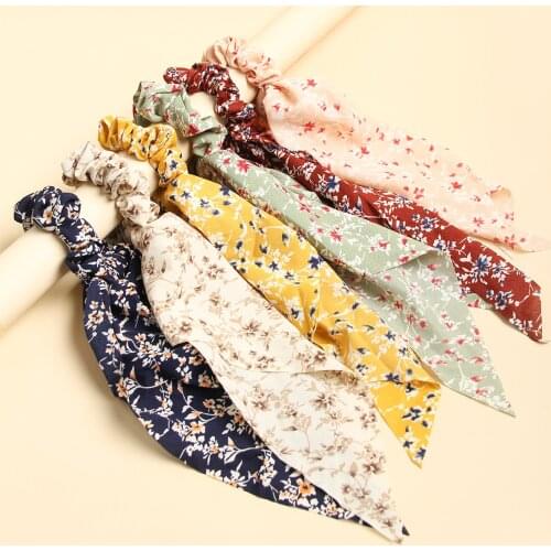 Korean Floral Print Hair Scrunchies Vintage Long Hair Ribbon Knoted Streamers Fashion Women Ponytail Hair Rope Hair Accessories