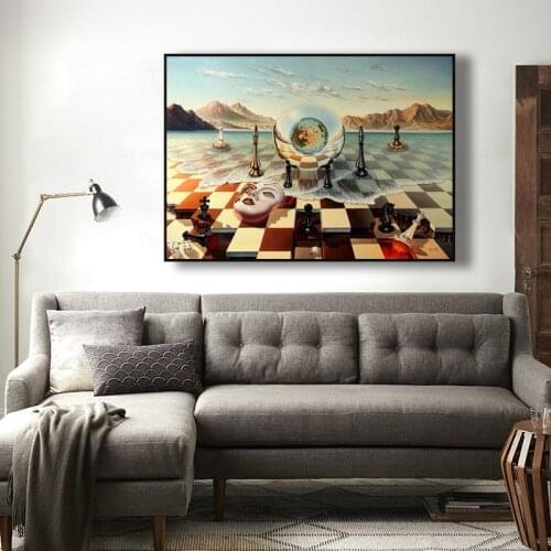 Salvador Dali Surrealism Chess Mask On Sea Canvas Prints Painting On Wall Art Abstract Weird Posters Picture Home Decor Cuadros