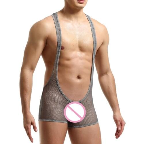 Sexy Mens Underwear Mesh See Through Bodysuit Wrestling Singlets Leotard Undershirts Jumpsuit Gay Boxer Shorts One-Piece Rompers