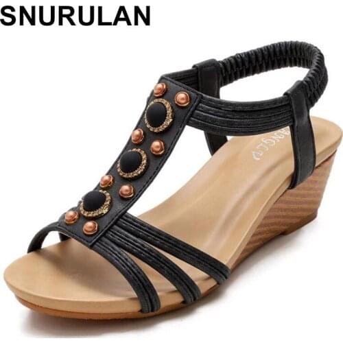SNURULANWomen Wedge Sandals Bohemian Rhinestone Beaded Sandals Soft Leather Ankle Strap Summer Walking Shoes Casual Non-Slip San