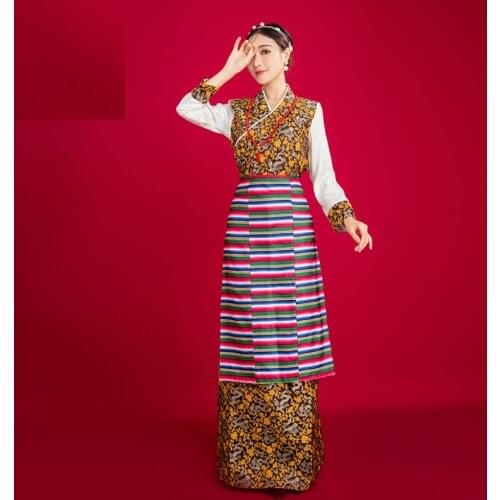 2021 New Tibetan golden yellow clothing Lhasa ethnic style Tibetan Bola dance dress Zang clothing high quality