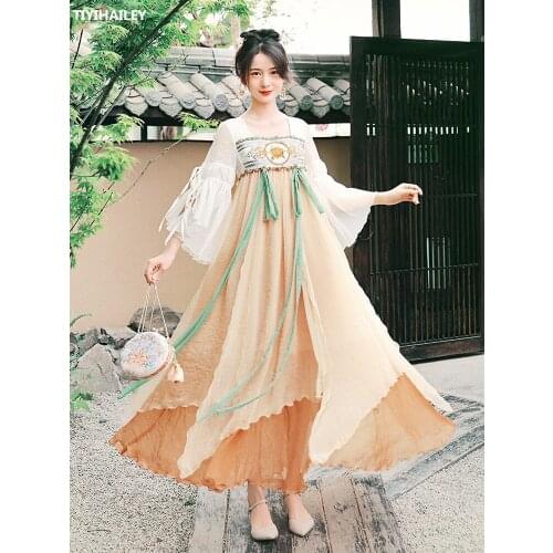 TIYIHAILEY Free Shipping 2021 Boshow Spring Summer Long Maxi Flare Sleeve S-L Chiffon Ruffles Embroidery ChineseStyle Dresses
