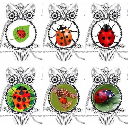 Vintage Jewelry Glass Cabochon Choker Pendant Long Owl Necklace For Women Girls Handmade Beetle Animal Design Insect Logo