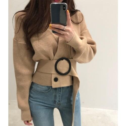 Knitted V-neck Belt Womens Cardigan Sweater Vintage Long Batwing Sleeve Double Breasted Lace Up Short Sweaters Female 2021
