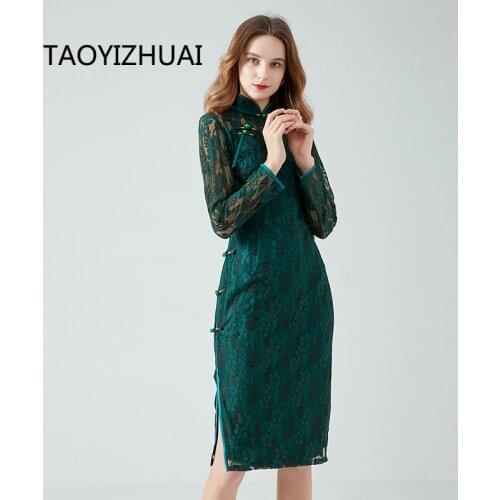Green fashion dress Chinese style improved medium length spring and autumn style trend versatile temperament fat mm lace skirt