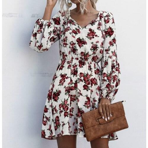 2020 Women Autumn Long Sleeve Sexy Mini Dresses Flower Ladies Casual V-Neck Lace-up Short Summer Dresses Elastic Waist Clothes