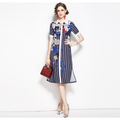 Womens Dresses Striped Turn-down Collar Mid-Calf Empire Bow Elegant Dresses Office Lady Short Loose 2020 New Summer Dresses