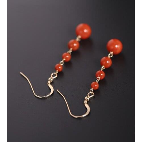 DAIMI Liangshan South Red Agate Earrings Women’s Genuine 14K Gold Injection Jade Tassel Earrings