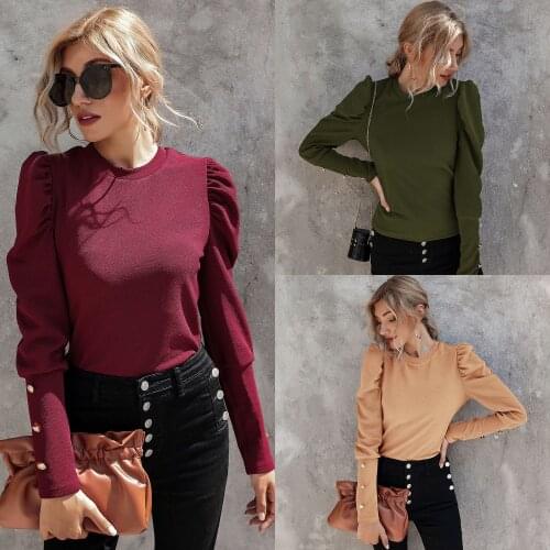 Ladies Elegant Temperament Polyester Pullover Solid Color Long-sleeved Round Neck Slim-fit Womens T-shirt Fashion All-match Top