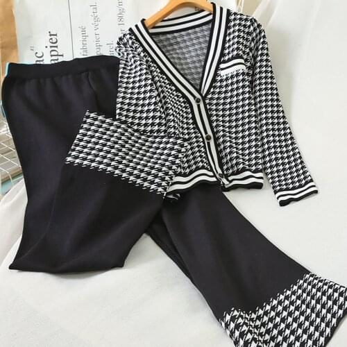 Women Knit Houndstooth Cardigan Long Sleeve Sweater Coat+Wide Leg Pants Sets Elegant V-Neck Tops Trousers 2-Piece Set Plaid Suit