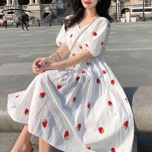 New Korean Lantern Short-Sleeve Summer Dress Cotton Vintage Plus Size Print Dress for Women V Neck Midi Dress Vestidos 9372