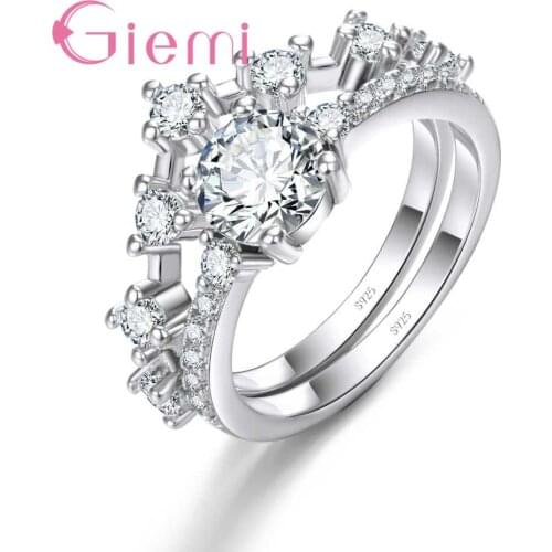 Genuine 925 Sterling Silver Flower Ring Set Elegant White Crystal Jewelry for Women Fashion Wedding Engagement Anel