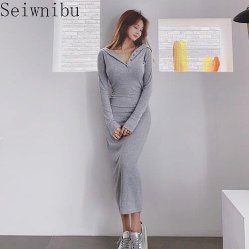 Grey Knitted Hooded Dress 2021 Autumn Warm Hedging High Waist Tight Long Sleeve Back Hem Slit High Street Dress Women