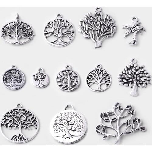 12pcs/set Antique Silver Color Lucky Tree Charms Pendant Vintage Life of Tree Charms for Jewelry Making DIY Necklace Bracelet