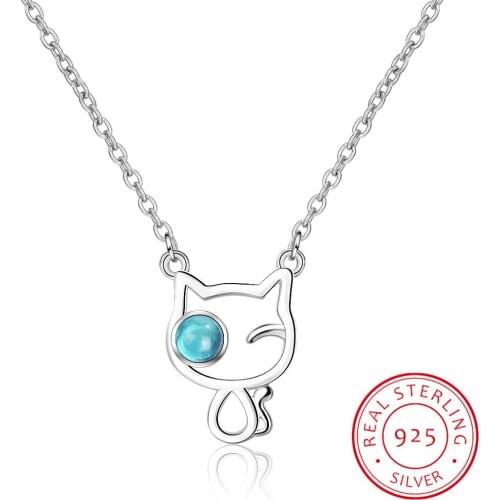925 Sterling Silver Hollow Cat Blue Crystal Necklace Women Fashion Chain Fine Jewelry Simple Necklaces & Pendants