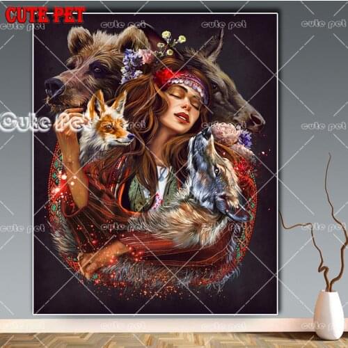 DIY diamond embroidery sale fantasy indian beauty and Wolf Fox flower full square diamond painting cross stitch mosaic hobby art