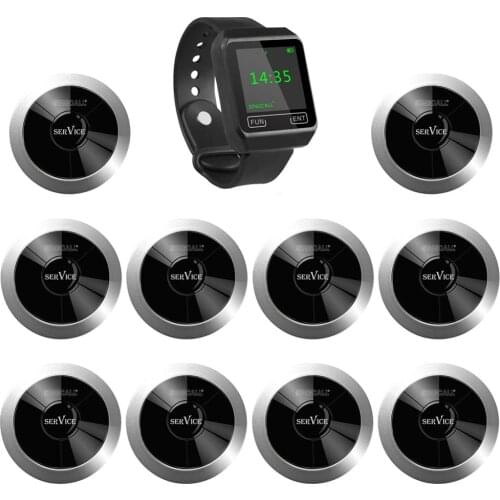 SINGCALL Wireless Calling System, One Mobile Watch Receiver and 10 One-Button Waterproof for Restaurant, Hotel