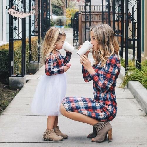 Mother Daughter Matching Fashion INS Plaid Long Sleeve Dresses Romper Kids Clothes Girls Autumn Family Matching Dress