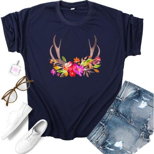 Cartoon Deer and Peony Printed Unif Harajuku Graphic Tees Women Best Gift Idea Kawaii T Shirt Women