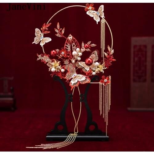 JaneVini 2020 Newest Designer Chinese Bridal Hand Bouquets Fans Handmade Red Metal Butterfly Flowers Wedding Jewelry Accessories