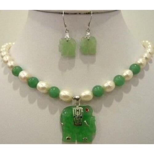 White pearl light green natural jade elephant pendant necklace earring set