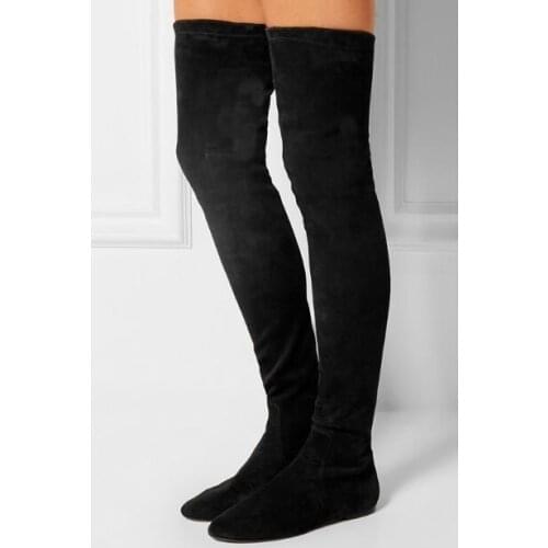 Hot Selling Black Suede Socks Over Knee Boots Womens Slim Fit Stretch Fabric Tight High Boots Plus Size Flat Ladies Long Boots