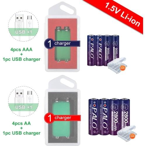 PALO 1.5V AA lithium Rechargeable Battery 2800mWh+1.5V Rechargeable AAA li-ion Battery Batteries 900mWh+USB 1.5V li ion Charger