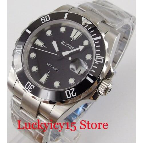 BLIGER Automatic Black 40mm Men Watch Rotating Bezel Sapphire Glass Steel Band MIYOTA Movement
