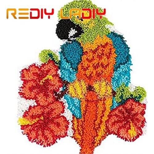 Latch Hook Rug Kits Parrot with Flowers Crocheting Carpet Rug 100% Acrylic Yarn Cushion Mat DIY Carpet Rug Crochet Arts & Crafts