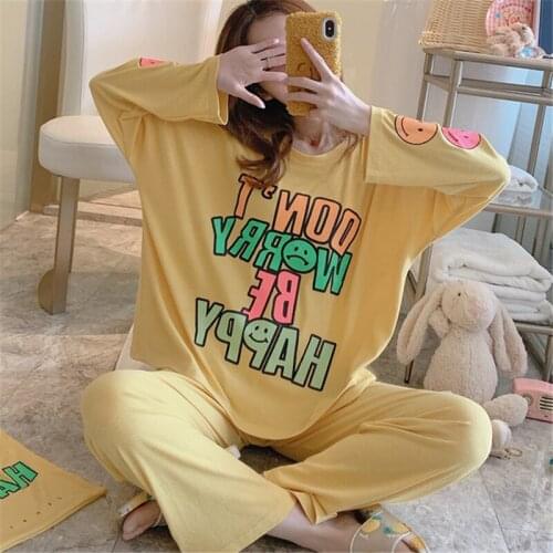 2020 new pajamas autumn ladies nightgown suit Korean version of cotton round neck long sleeve home service loose pijamas women