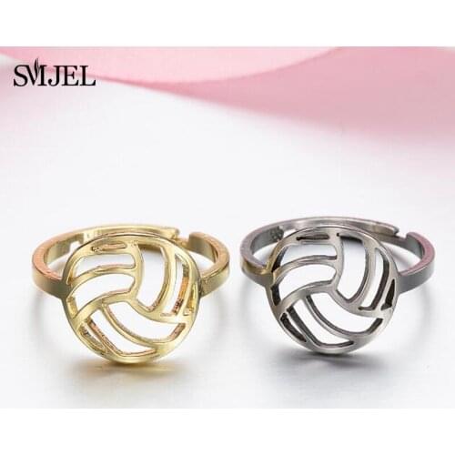 New Women Students Fashion Beach Volleyball Pendant Rings Adjustable Hollow Ball Stainless Steel Circle Jewelry Graduation Gift