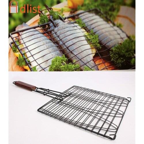 New DIY Non-stick Triple Fish Grilling Basket w/ Wood Handle Outdoor BBQ Grilling Fish Rack Barbecue Tool Fish Grill Net