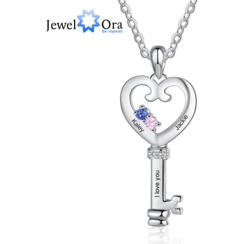 JewelOra Personalized Key Necklaces Charm Pendant with Heart Engraved Names Memory Jewelry Customized Stones Cute Gift for Women