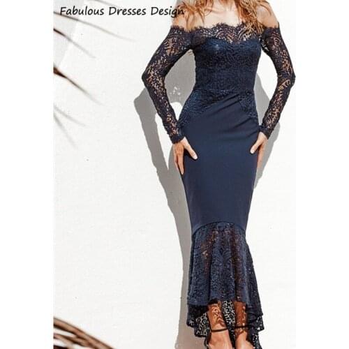 Off Shoulder Long Sleeve Bridesmaid Dresses Mermaid High Low Applique Lace 2021 Navy Blue Wedding Party Dress Chic Vestidos