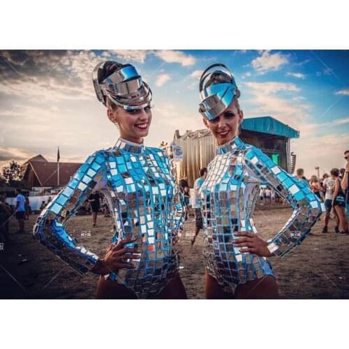 Silver costume Mirror future technology bar gogo costumes dance team ds singer dj nightclub stage show clothing bodysuit