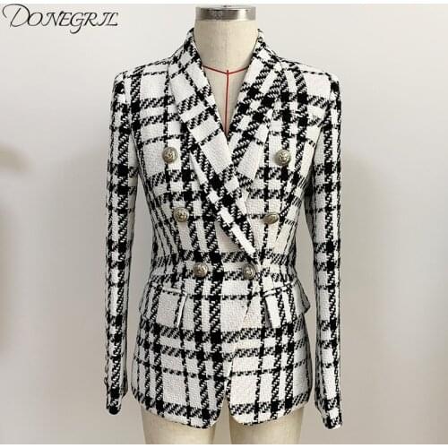 Vintage Stylish Double Breasted lattice Tweed Blazer Coat Women 2020 Fashion Long Sleeve Office Wear Female Outerwear Tops