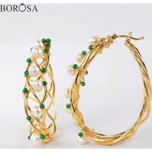 BOROSA Pearl Earrings Handmade Garland Shape Hoop Earrings Wire Wrapped Pearl Drop Earrings for Women Christmas Earrings WX1316
