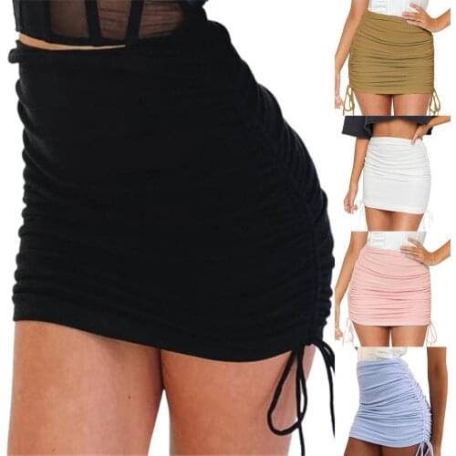 Women Fashion Sexy Elastic Mini Skirt Solid Color Drawstring Ruched Bodycon Skirt for Dating Party