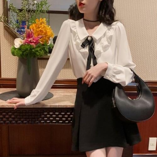 French Vintage Blouse and Tops Women Casual Long Sleeve Preppy Style Pure Color Shirts Lady Korean Fashion Y2k Crop Tops Female