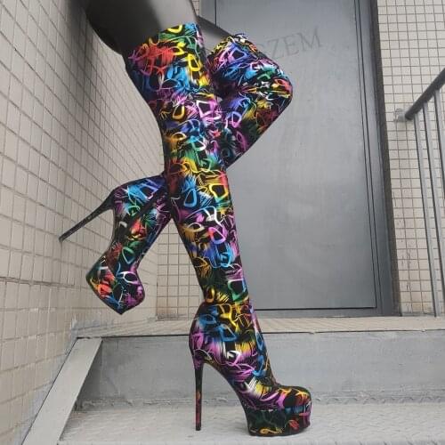 LAIGZEM Women Over Knee High Platform Boots Elatic Round Toe High Heels Boots Multicolors Ladies Shoes Woman Big Size 41 43 45