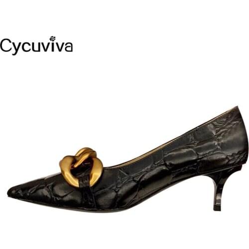 New Gold Chain Women Party Shoes Kitten Heel Lady Pumps Sexy Point Toe Leather Women Designer Shoes Runway zapatos mujer