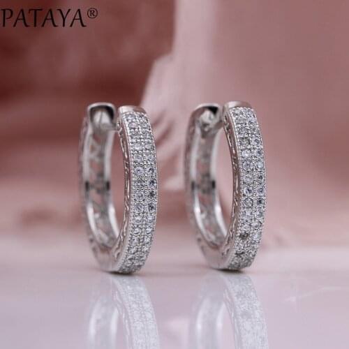 PATAYA New White Gold Round Natural Cubic Zirconia Dangle Earrings Women Gift Party Fashion Jewelry Hollow Small Circle Earrings