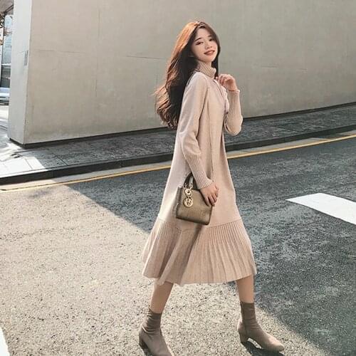 2020 Women Autumn Winter Vintage Turtleneck Long Loose Sweater Dress Full Sleeve Pleated Hem Pullover Knitted Midi Dresses