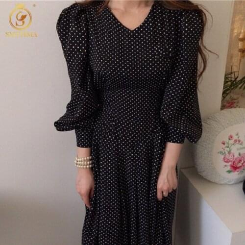 SMTHMA Womens Korea Chic Vintage Elegant Lantern Sleeve Dress Ladies Slim Waist Lace-Up Dot Long Dress Vestidos