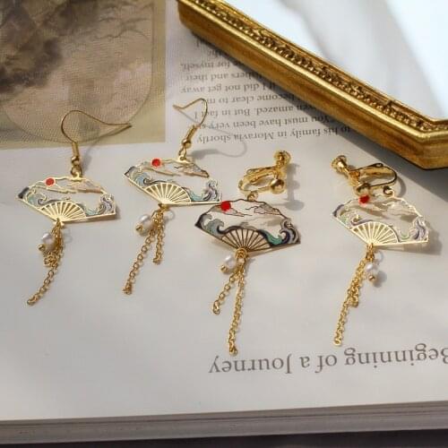 Gold Hollow Fan Japanese Fashion Chinese Style Antique Tassel Pearl Long Ear Hook Female Earring Women Jewelry