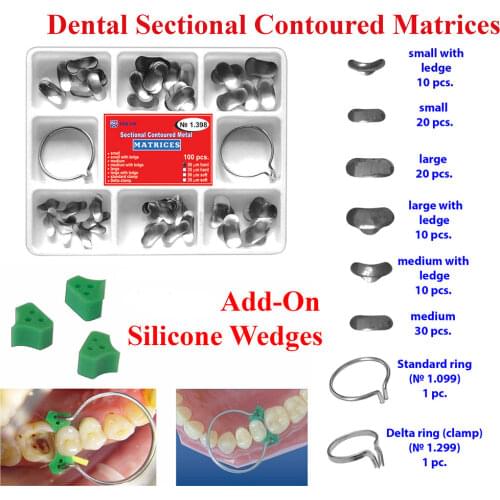100Pcs Full Kit Dental Matrix Sectional Contoured Metal Matrices No.1.398 + 2 Rings